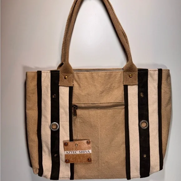 New With Tags Aztec Shiva Beige and Black Striped Tote Bag - Picture 1 of 3